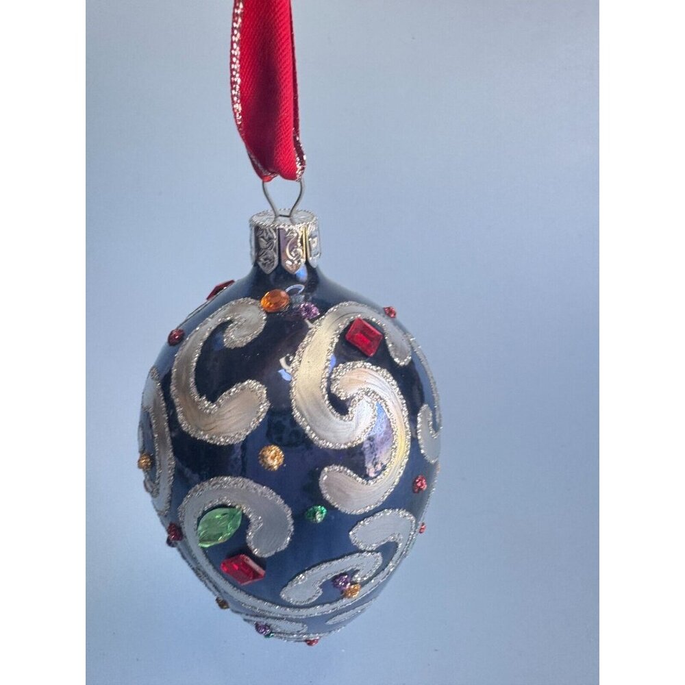 Waterford Sapphire Scroll Egg Jeweled Blown Glass Ornament Rare 1997 Handmade Co - Picture 2 of 7